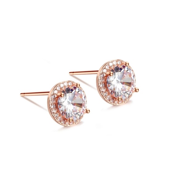 Round Rose Gold Earrings with Real Cubic Zirconia - Picture 3 of 7